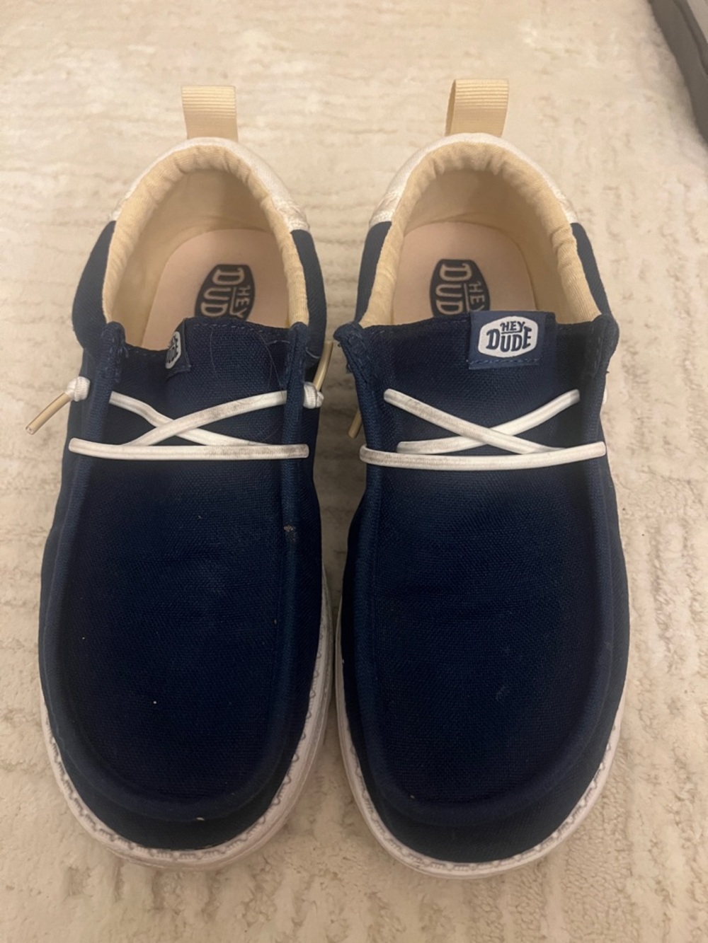 Hey Dude Navy Canvas Slip-Ons with White Laces and Cream Accents